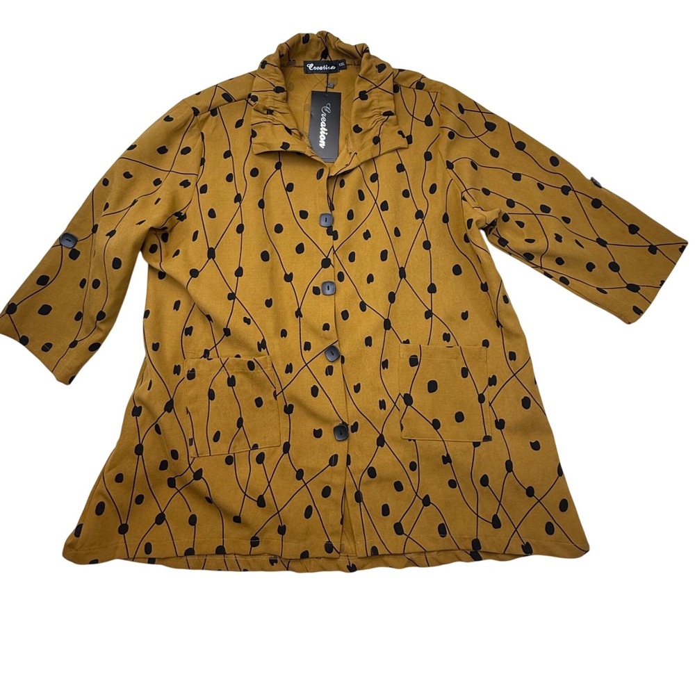 Creation Women's XXL Jacket blazer Mustard Yellow Black Dot Print‎ 3/4 Sleeve